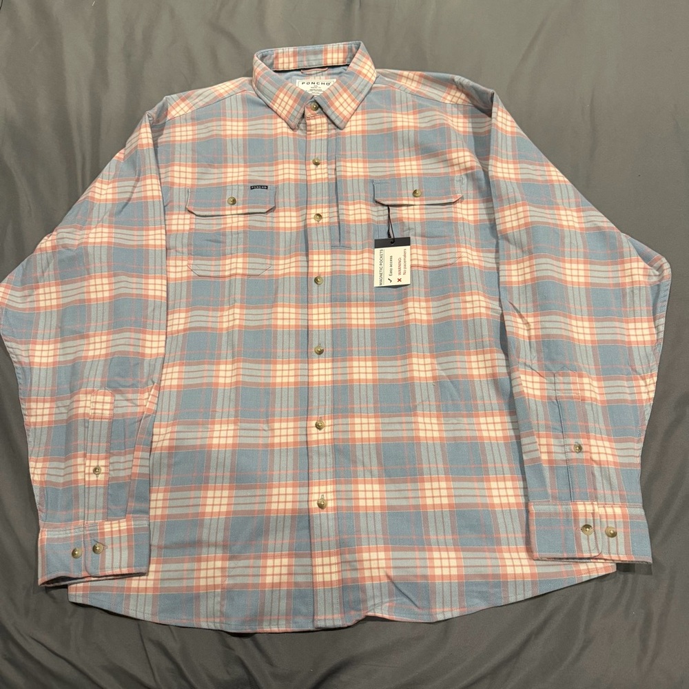 NWT Poncho Blue/pink Goose Flannel Button Up Long Sleeve Shirt Plaid XXL